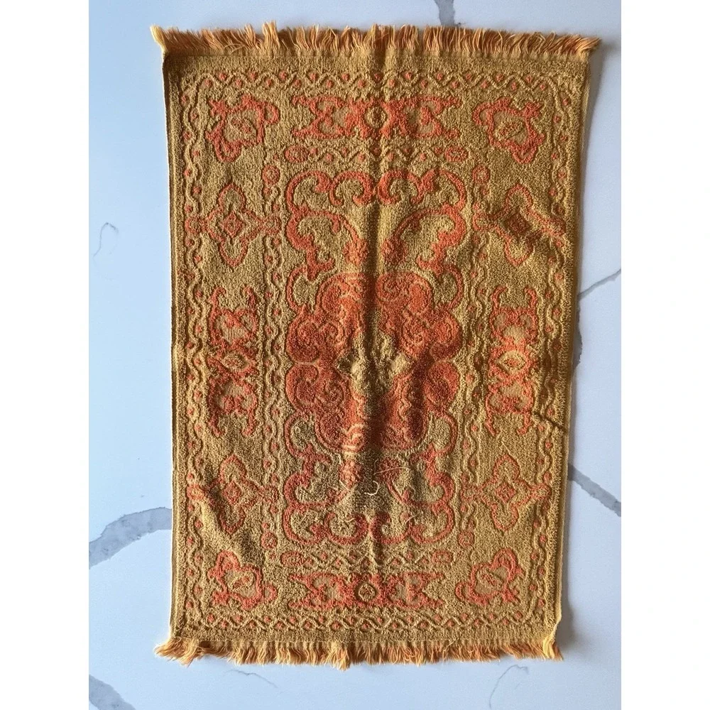 Vtg MCM 1960's Hope Fashions Hand Towel Orange Sculpted Design Fringe